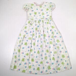 Vintage Handmade Dress Girls Size 6/7 Midi Maxi Floral Swiss Dot Boho